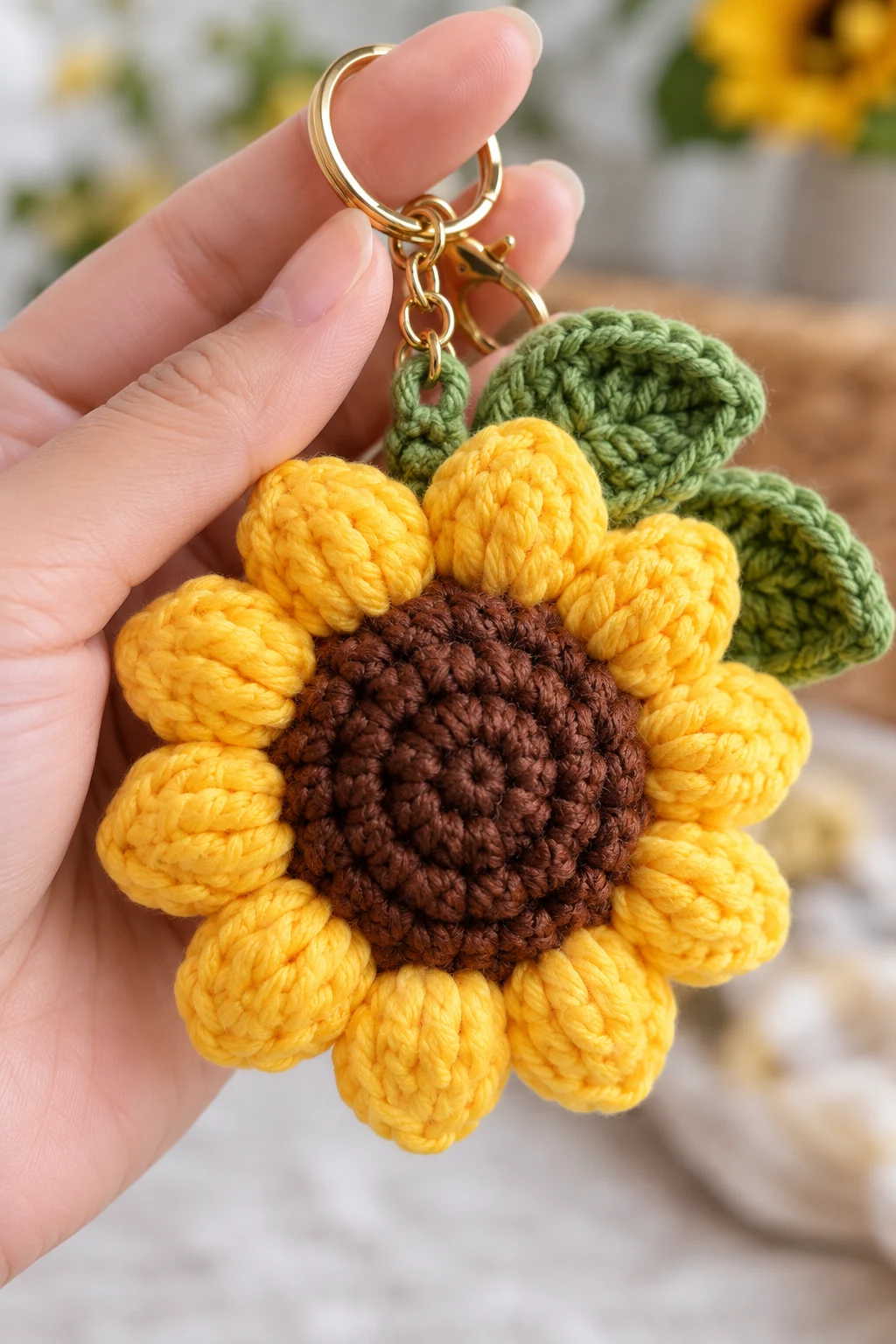 Puffy 3D Sunflower Keychain — sunflower keychain crochet style outfit