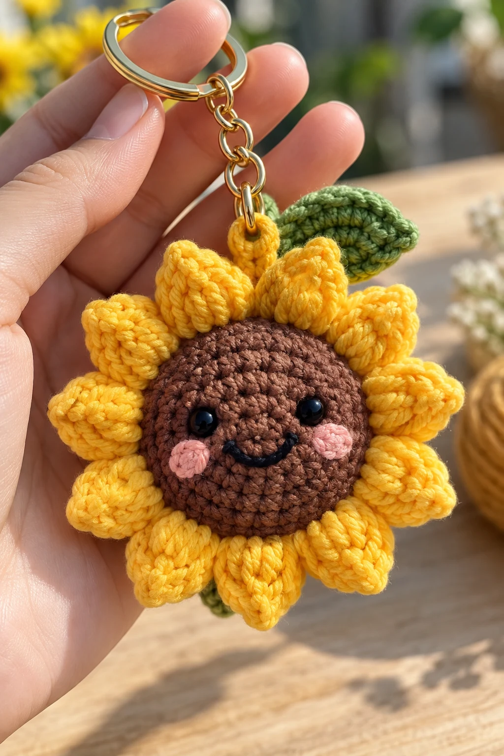 Smiling Sunflower Face Keychain — sunflower keychain crochet style outfit