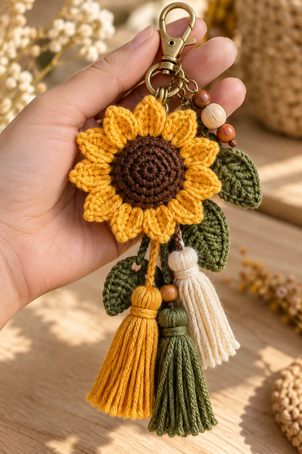 Boho Sunflower Keychain With Tassels — sunflower keychain crochet style outfit