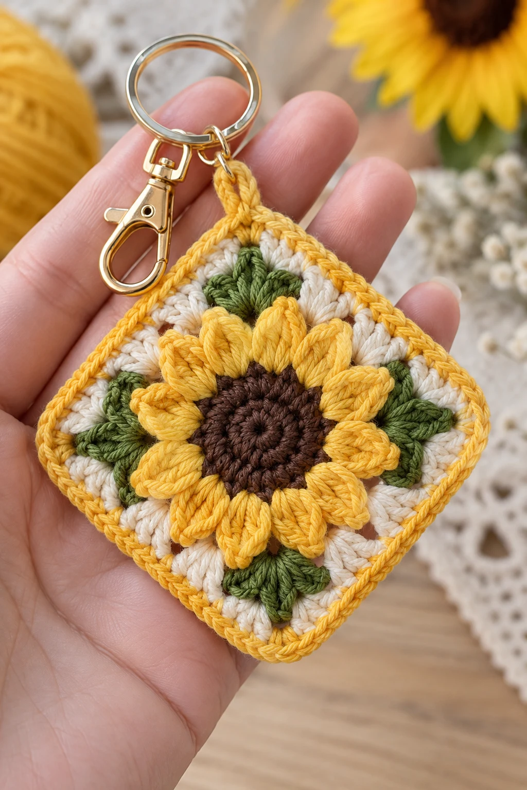 Sunflower Granny Square Keychain — sunflower keychain crochet style outfit