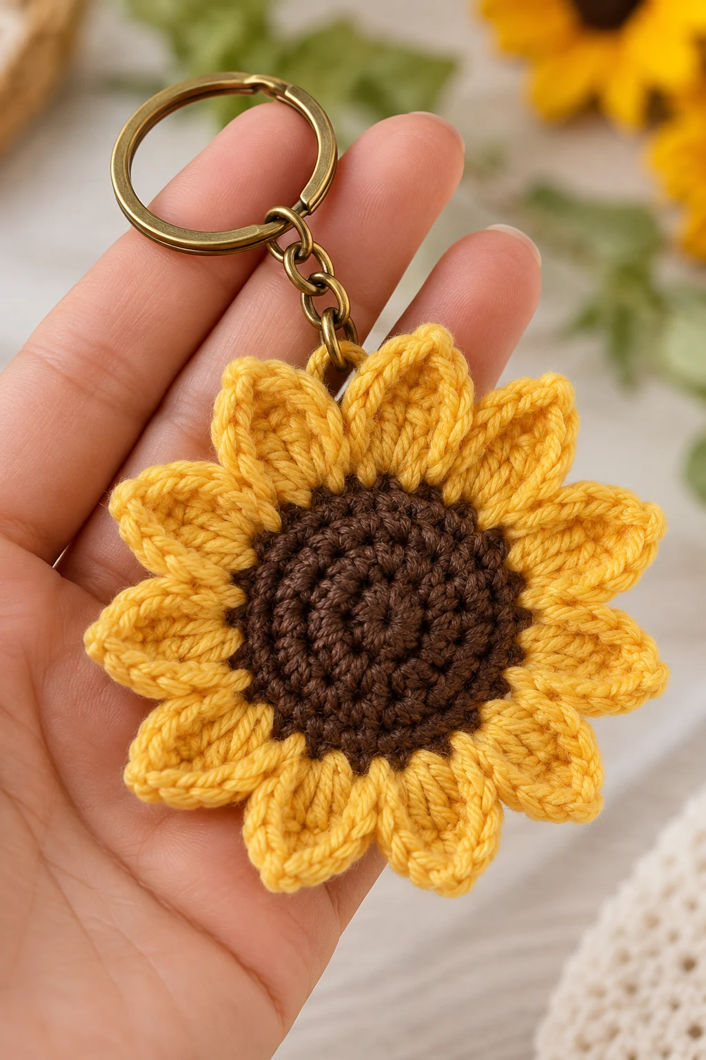 Classic Crochet Sunflower Keychain — sunflower keychain style outfit