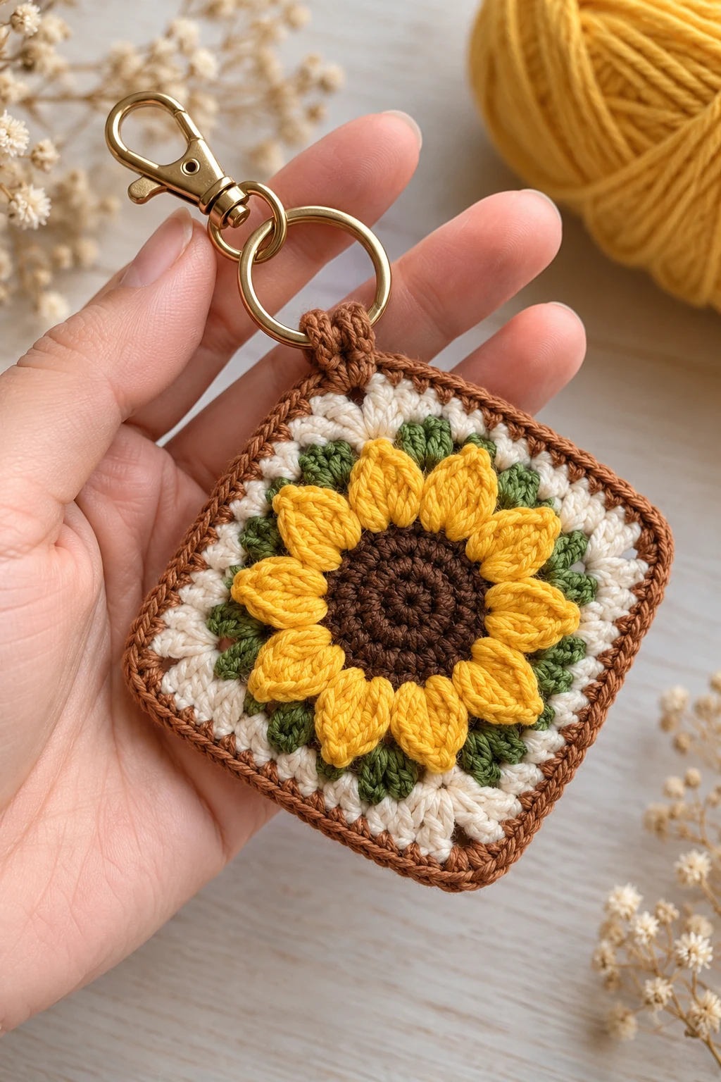 Granny Square Sunflower Keychain — sunflower keychain style outfit