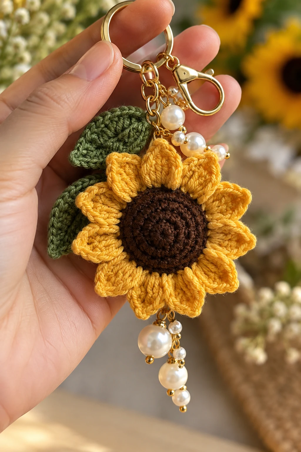 Sunflower Keychain With Pearl Accents — sunflower keychain style outfit