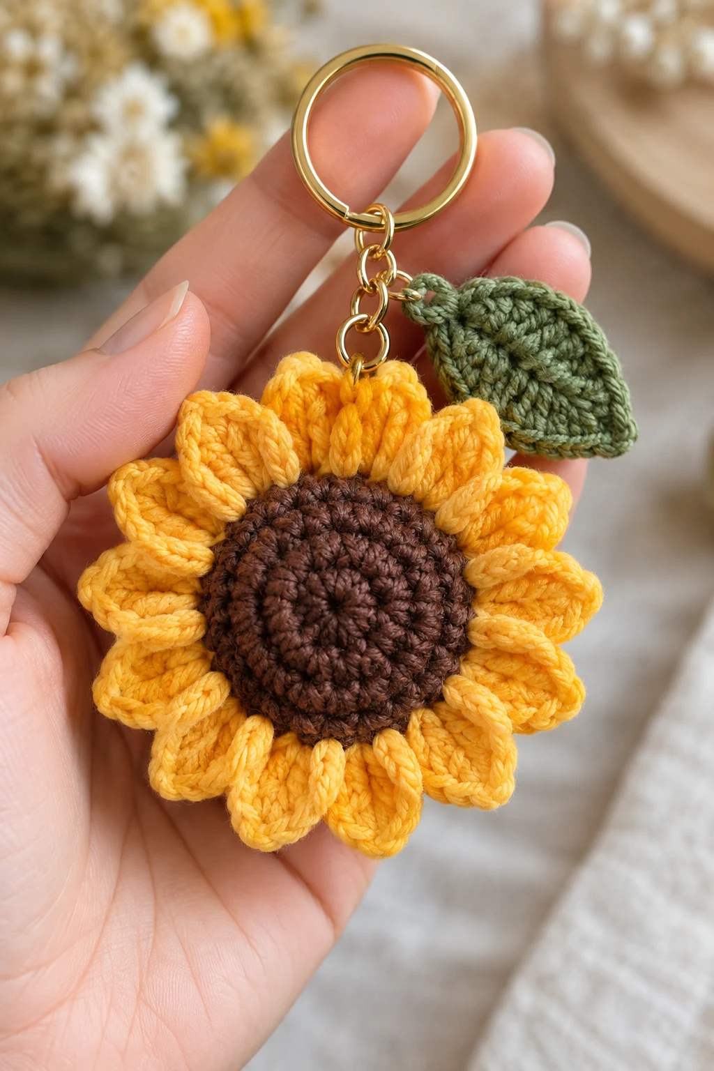 Sunflower Keychain With a Tiny Leaf — sunflower keychain style outfit
