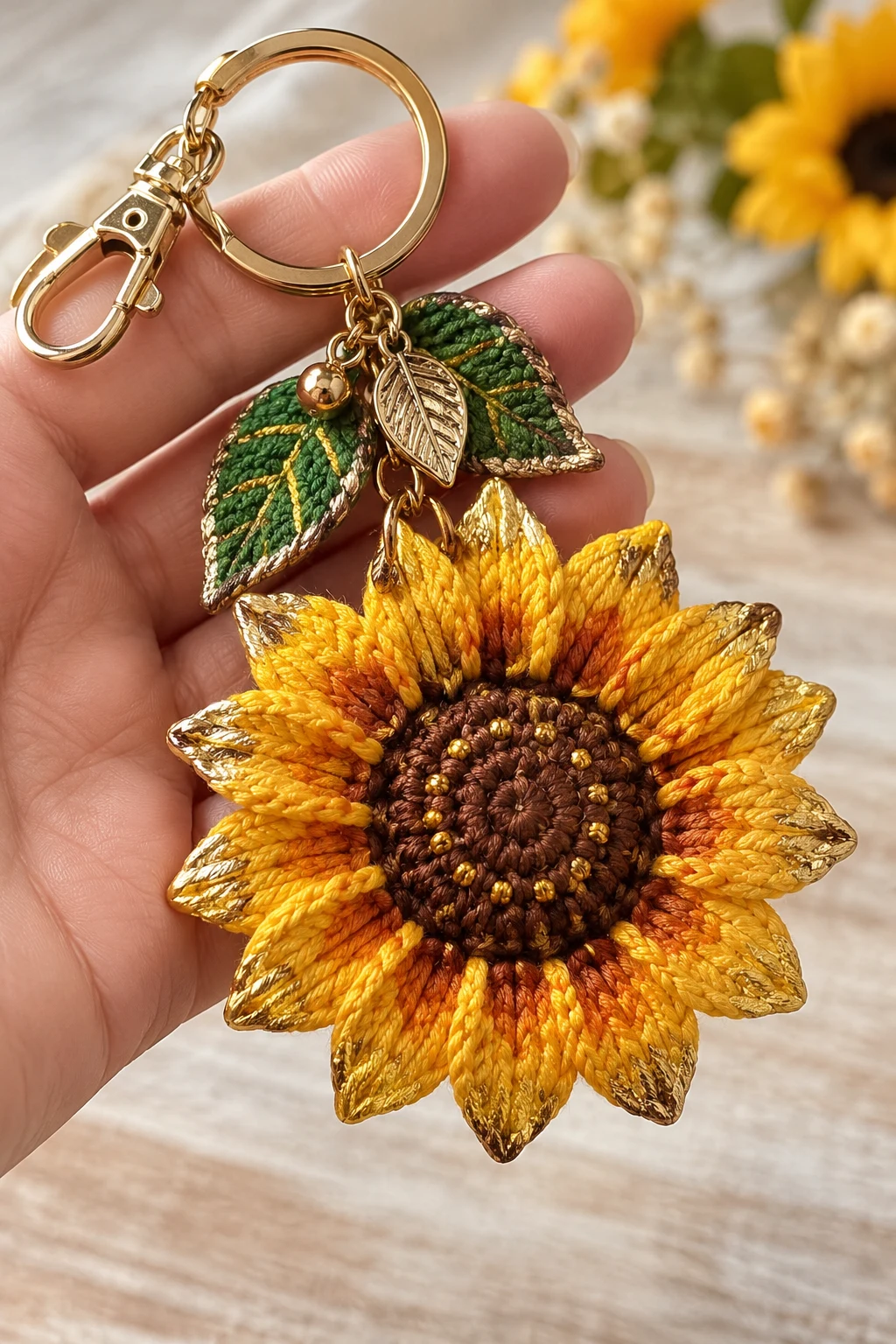 Metallic Sunflower Keychain With Painted Details — sunflower keychain style outfit