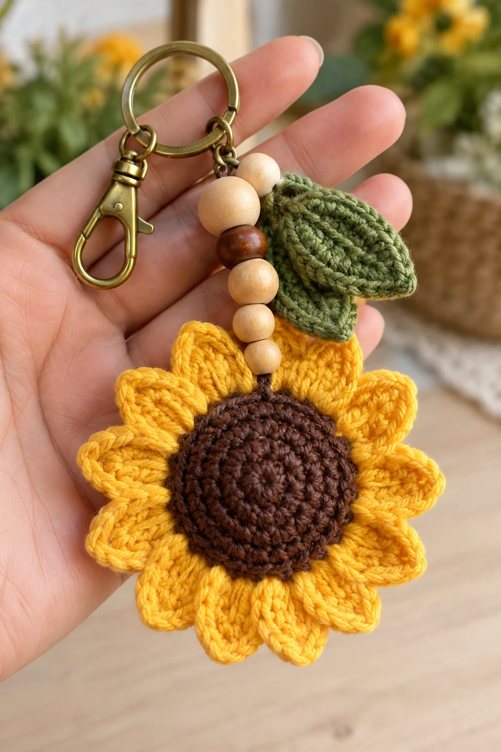 Sunflower Keychain With Wooden Beads — sunflower keychain style outfit