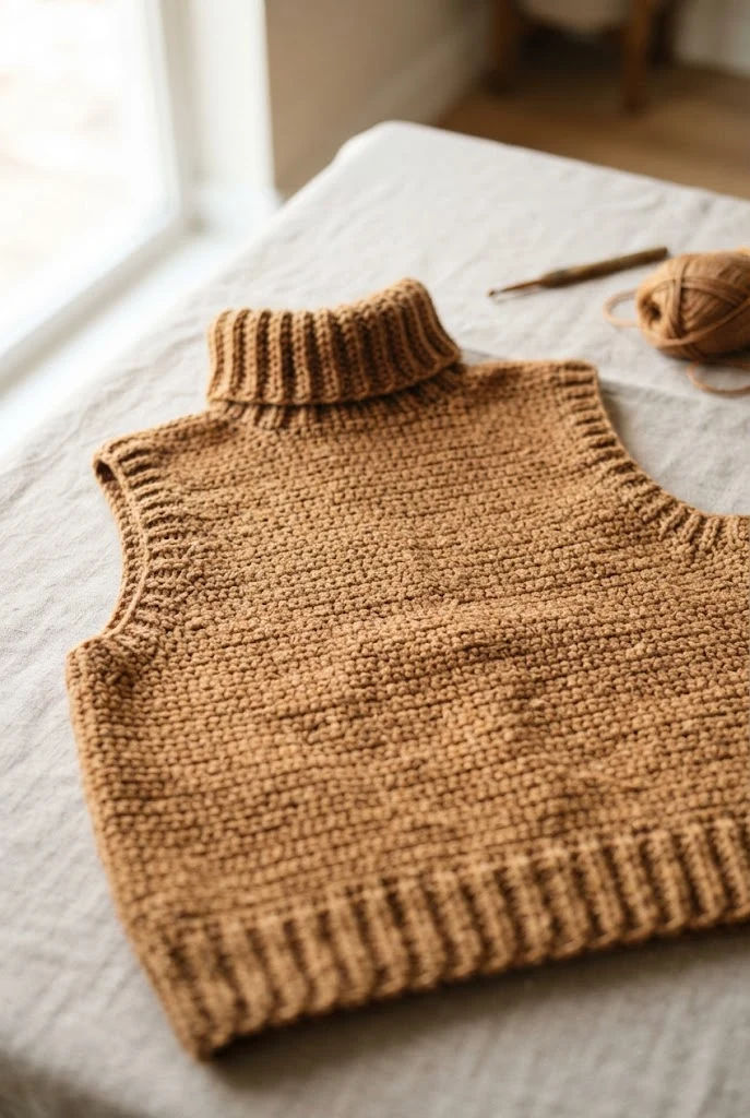 Rustic Caramel Turtleneck Vest — sweaters to crochet
