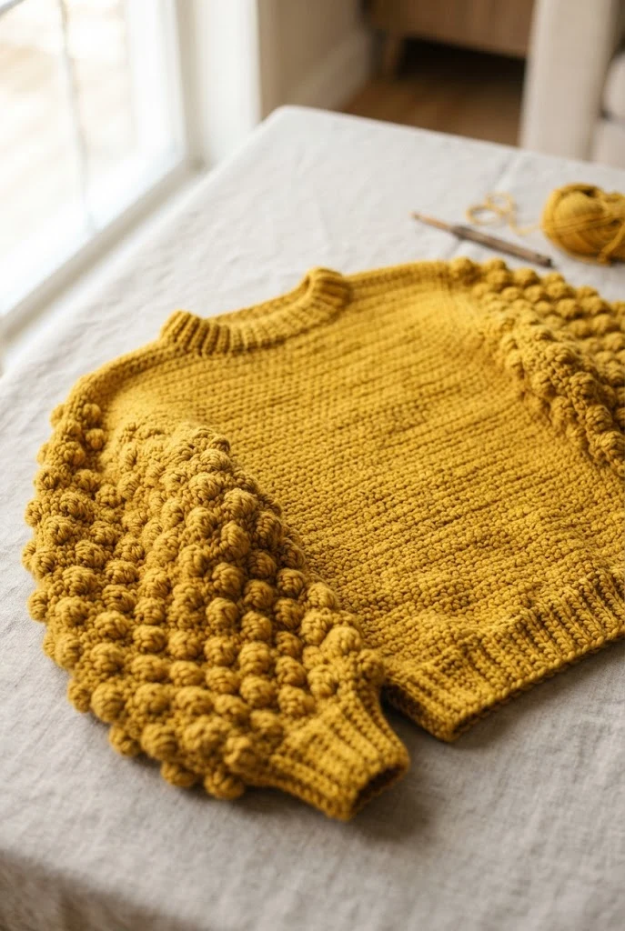 Mustard Yellow Puff-Sleeve Sweater — trendy crochet sweater pattern