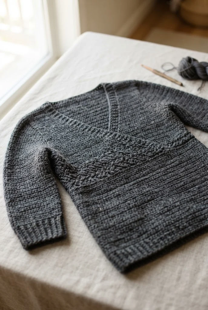 Charcoal Grey Mock-Wrap Pullover — trendy crochet sweater pattern