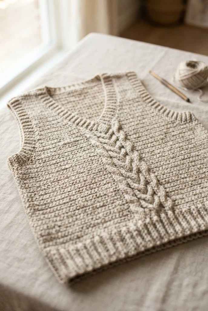 Oatmeal Cable-Stitch Vest — trendy crochet sweater pattern