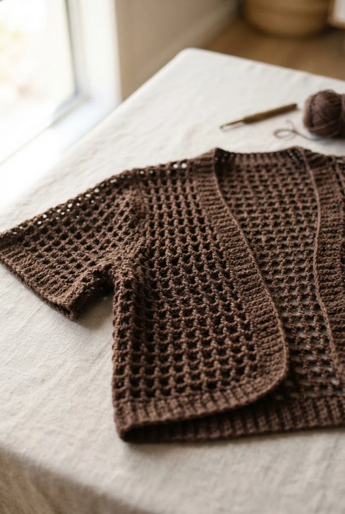 Chocolate Brown Mesh Shrug — trendy crochet sweater pattern