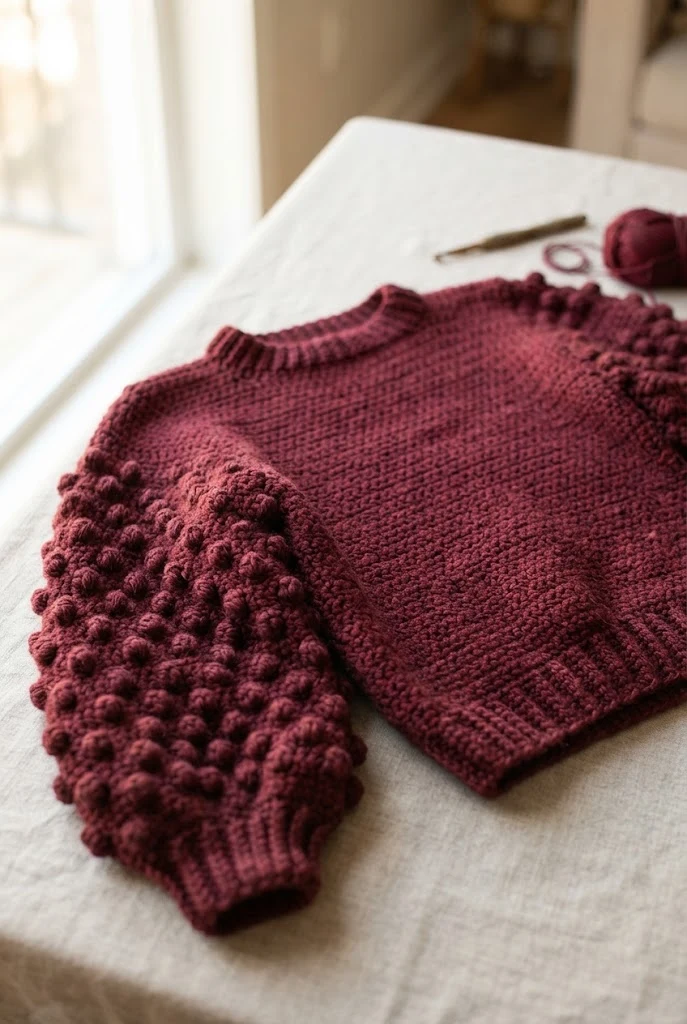 Burgundy Bobble Sleeve Blouse — trendy crochet sweater pattern