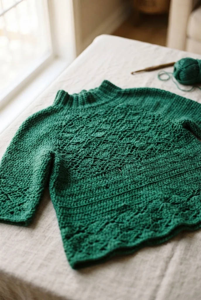 Emerald Lace Mock-Neck Top — trendy crochet sweater pattern