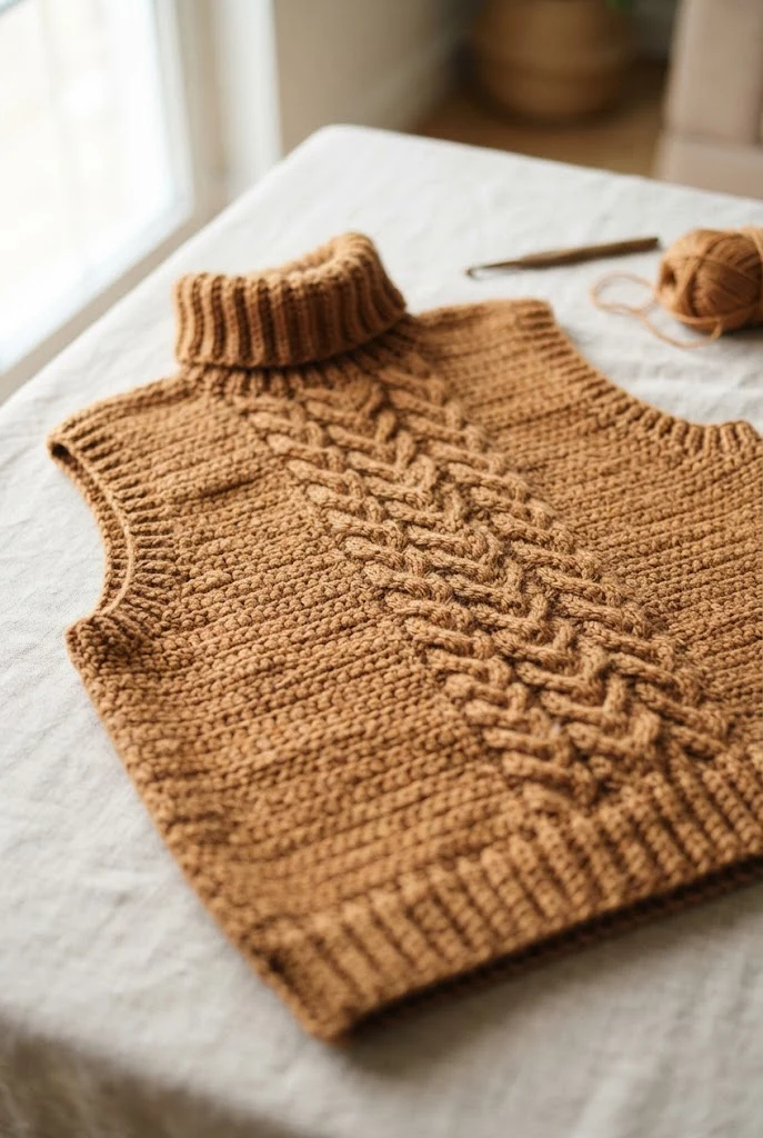 Rustic Caramel Turtleneck Vest — trendy crochet sweater pattern