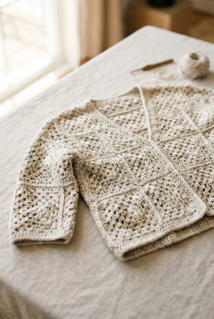 Oatmeal Granny Square Cardigan Top — trendy crochet sweater pattern