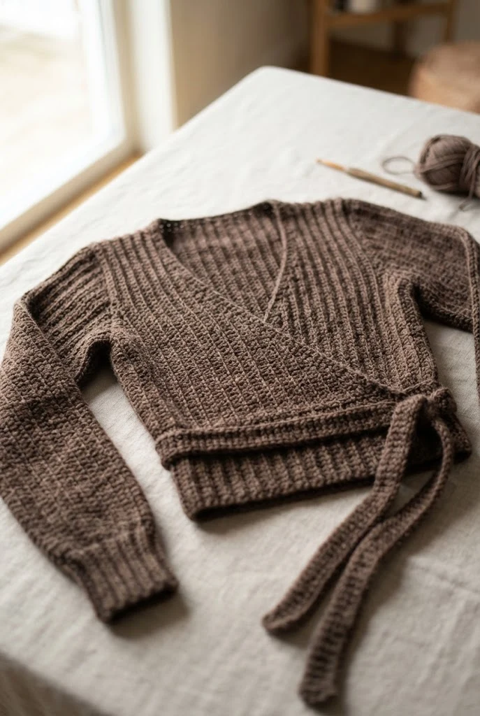 Mocha Ribbed Wrap Blouse — trendy crochet sweater pattern