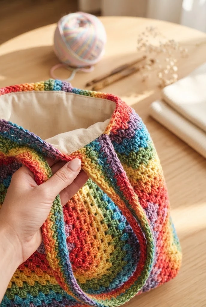 The Granny Stripe Rainbow Weekender — tutorial crochet bag