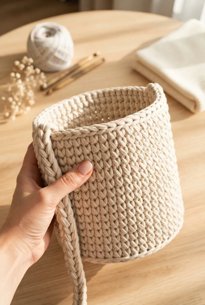 The Minimalist T-Shirt Yarn Bucket — tutorial crochet bag