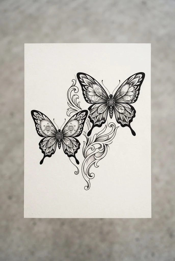 Geometric Sacred Geometry Fusion — two butterfly tattoo style outfit