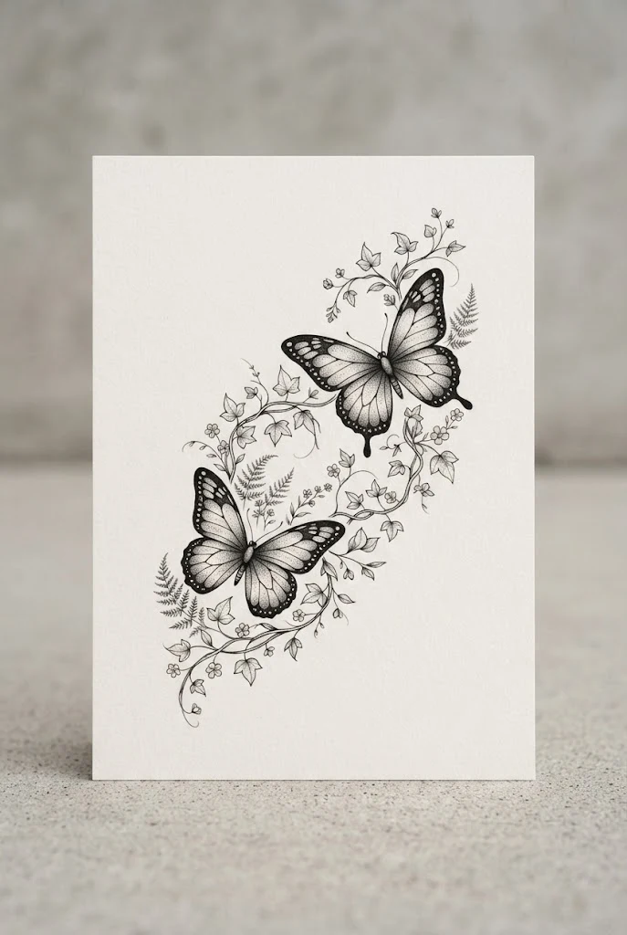 Botanical Garland Integration — two butterfly tattoo style outfit