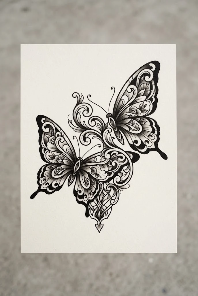 Neo-Traditional Bold Outline Style — two butterfly tattoo style outfit