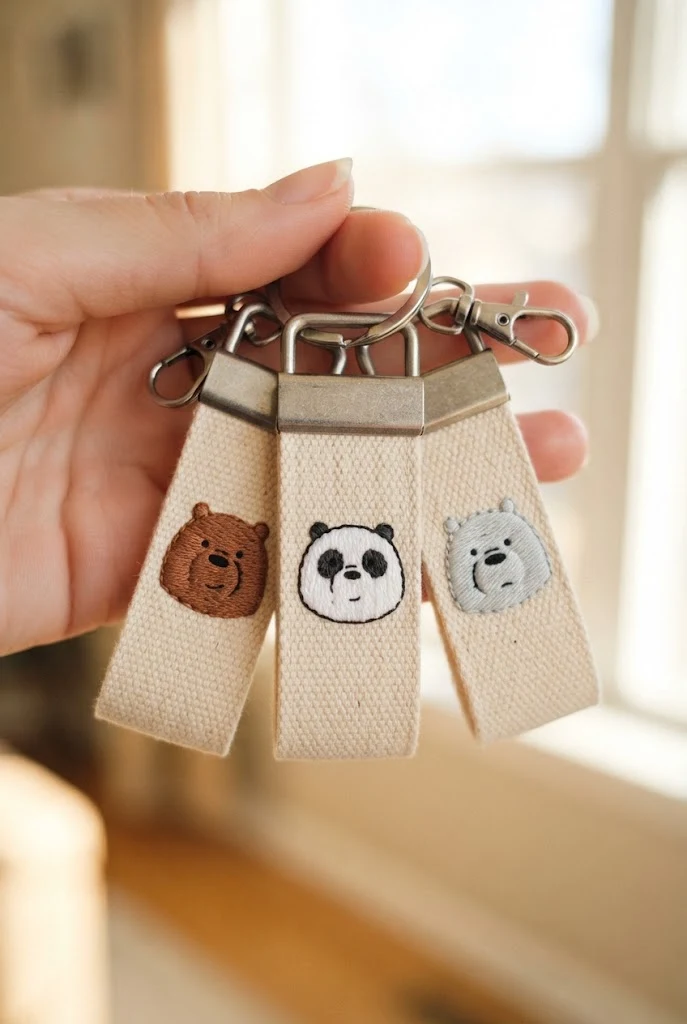 Custom Embroidered Canvas Ribbon Keyrings — we bare bears keychains style outfit