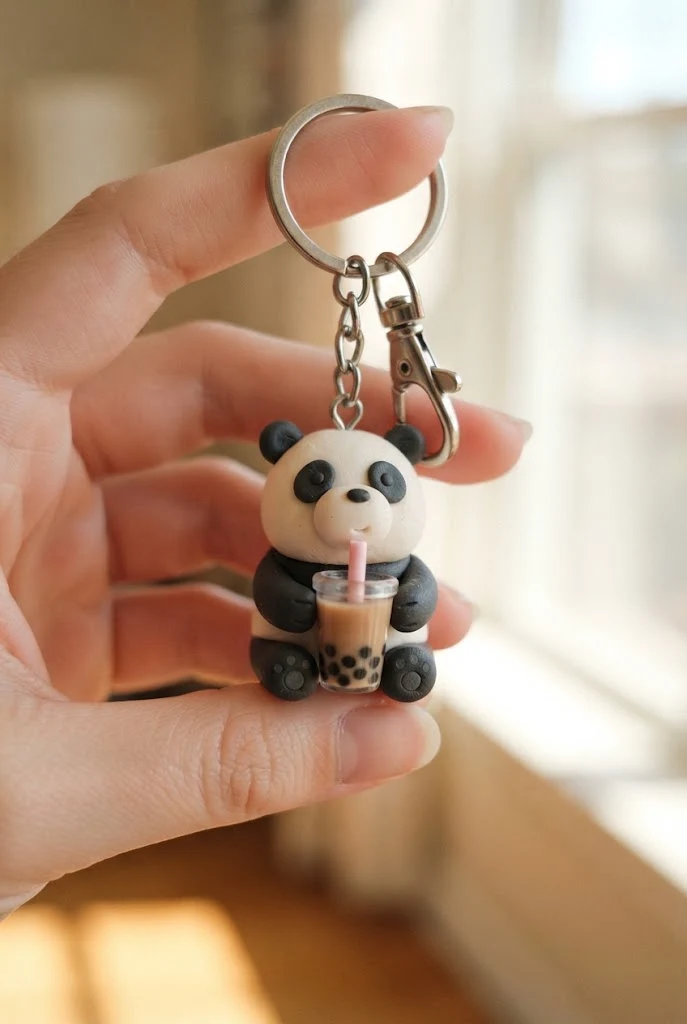 Polymer Clay Panda’s Boba Tea Charm — we bare bears keychains style outfit