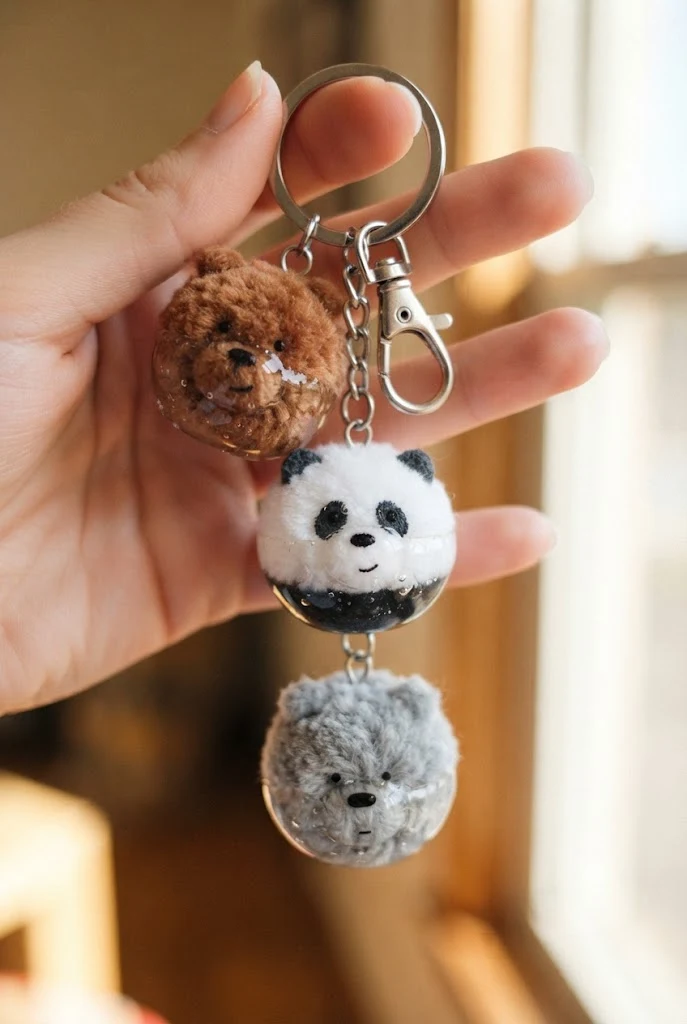 Resin-Dipped Pom-Pom Fuzzy Keyrings — we bare bears keychains style outfit