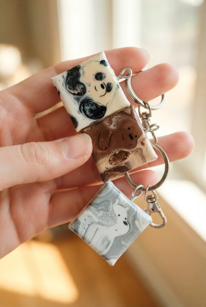 Acrylic Paint Pour Mini Canvas Keychains — we bare bears keychains style outfit