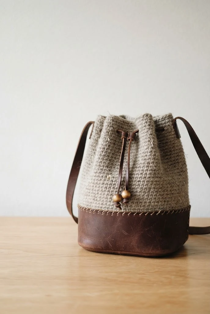 Leather and Wool Bucket Bag — winter crochet bag style outfit