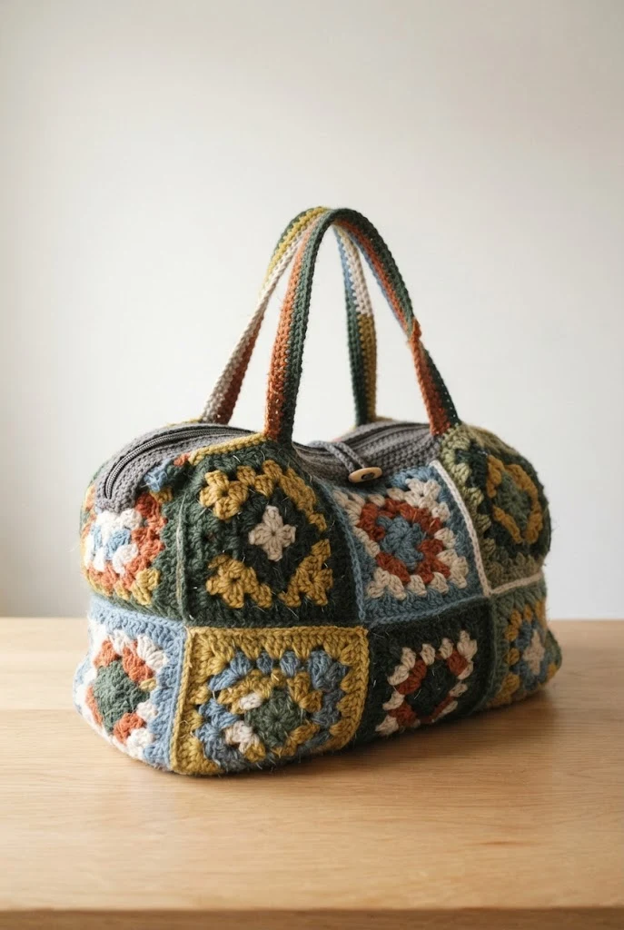 Oversized Granny Square Duffle — winter crochet bag style outfit