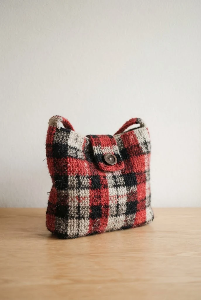 Plaid Flannel Motif Shoulder Bag — winter crochet bag style outfit