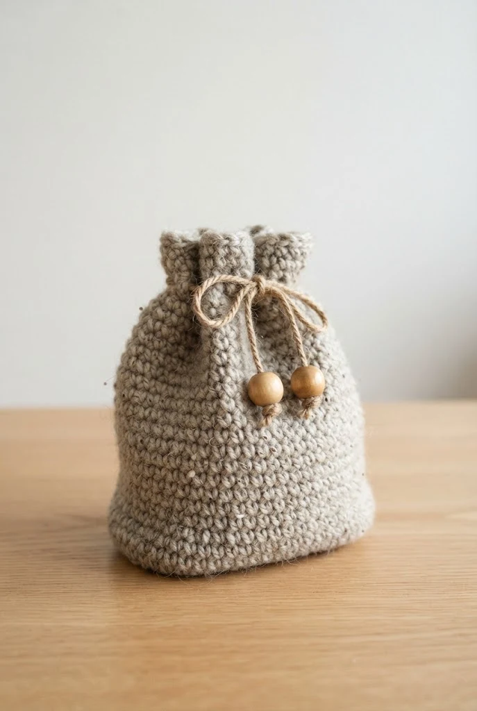 Drawstring Pouch with Wooden Beads — winter crochet bag style outfit
