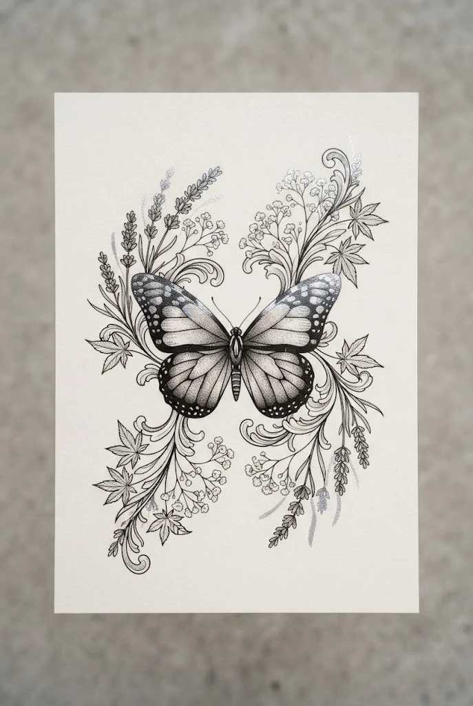 Metallic Silver-Ink Highlight — wrist butterfly tattoo style outfit