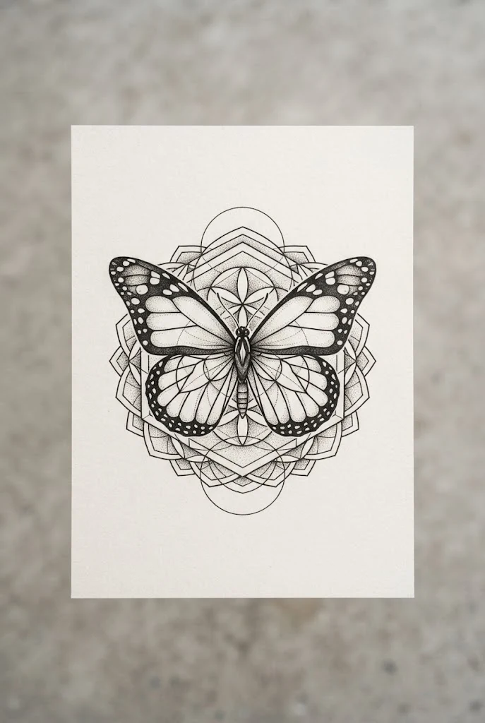 Geometric Sacred Geometry Fusion — wrist butterfly tattoo style outfit